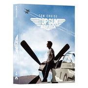 Top Gun: Maverick 4K UHD and Blu-Ray Steelbook full slip edition featuring Tom Cruise leaning on a fighter plane with two jets flying overhead