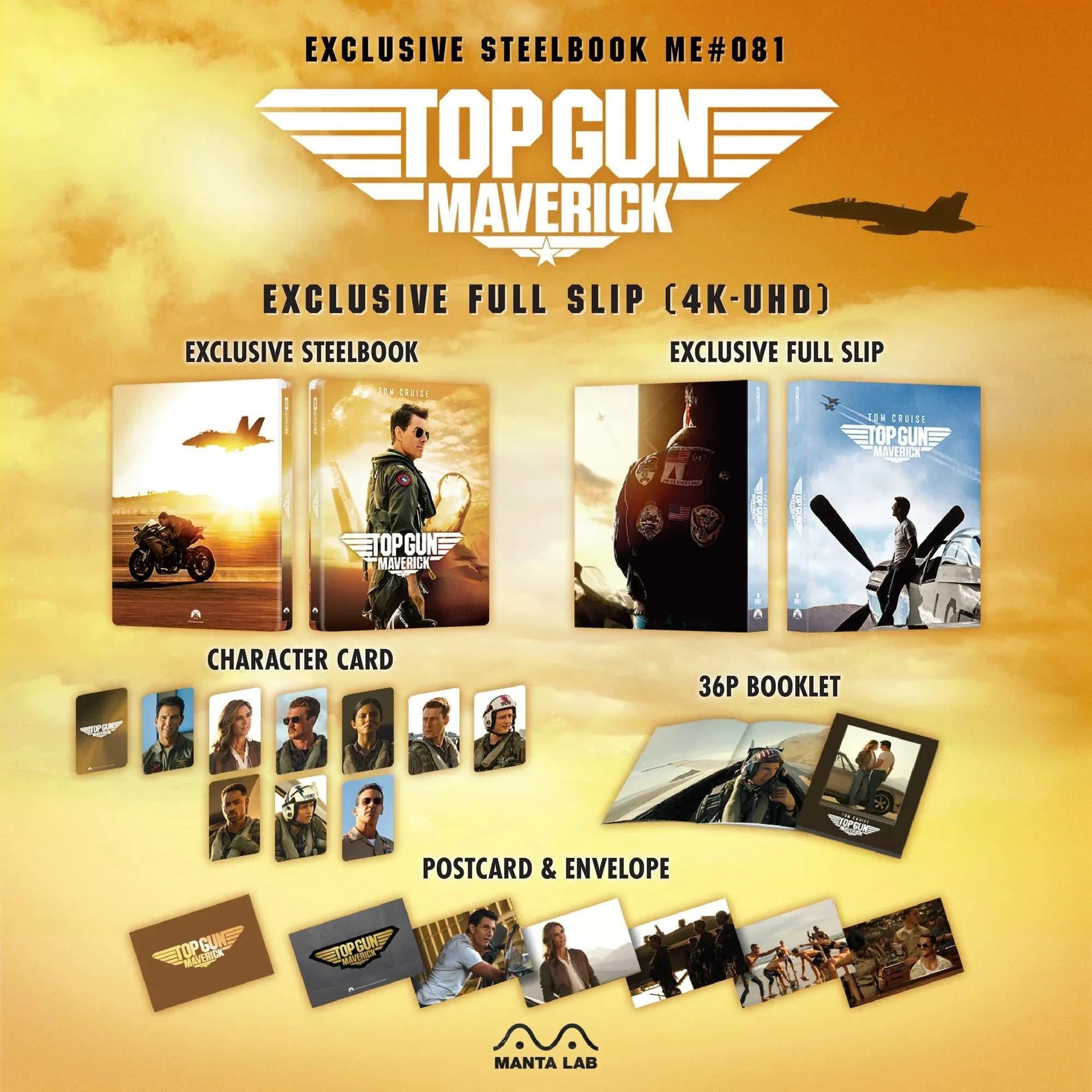 Top Gun: Maverick 4K UHD and Blu-Ray steelbook set with exclusive full slip, character cards, postcards, 36-page booklet, and collectible envelope by Manta Lab.