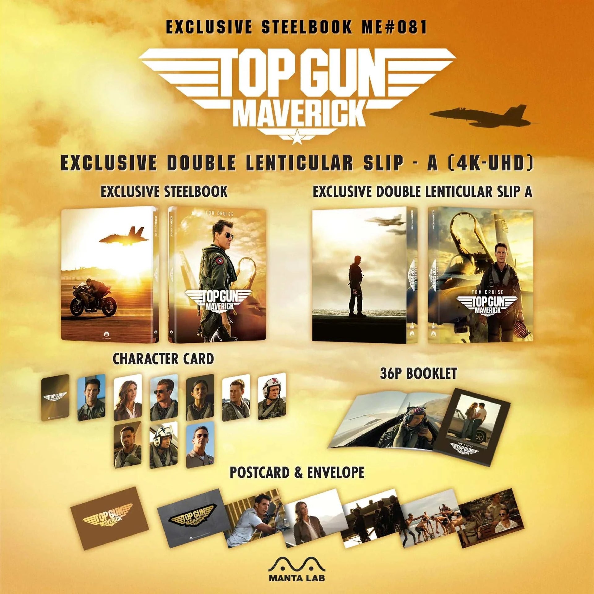 Top Gun: Maverick 4K UHD and Blu-Ray exclusive steelbook with double lenticular slip, character cards, 36-page booklet, postcards, and envelope.