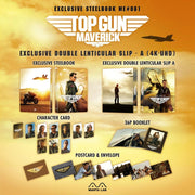 Top Gun: Maverick 4K UHD and Blu-Ray steelbook set with exclusive lenticular slip, character cards, 36-page booklet, postcards, and envelope.