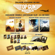 Top Gun: Maverick 4K UHD and Blu-Ray steelbook set with double lenticular slip, booklet, postcards, character cards, and exclusive design by Manta Lab
