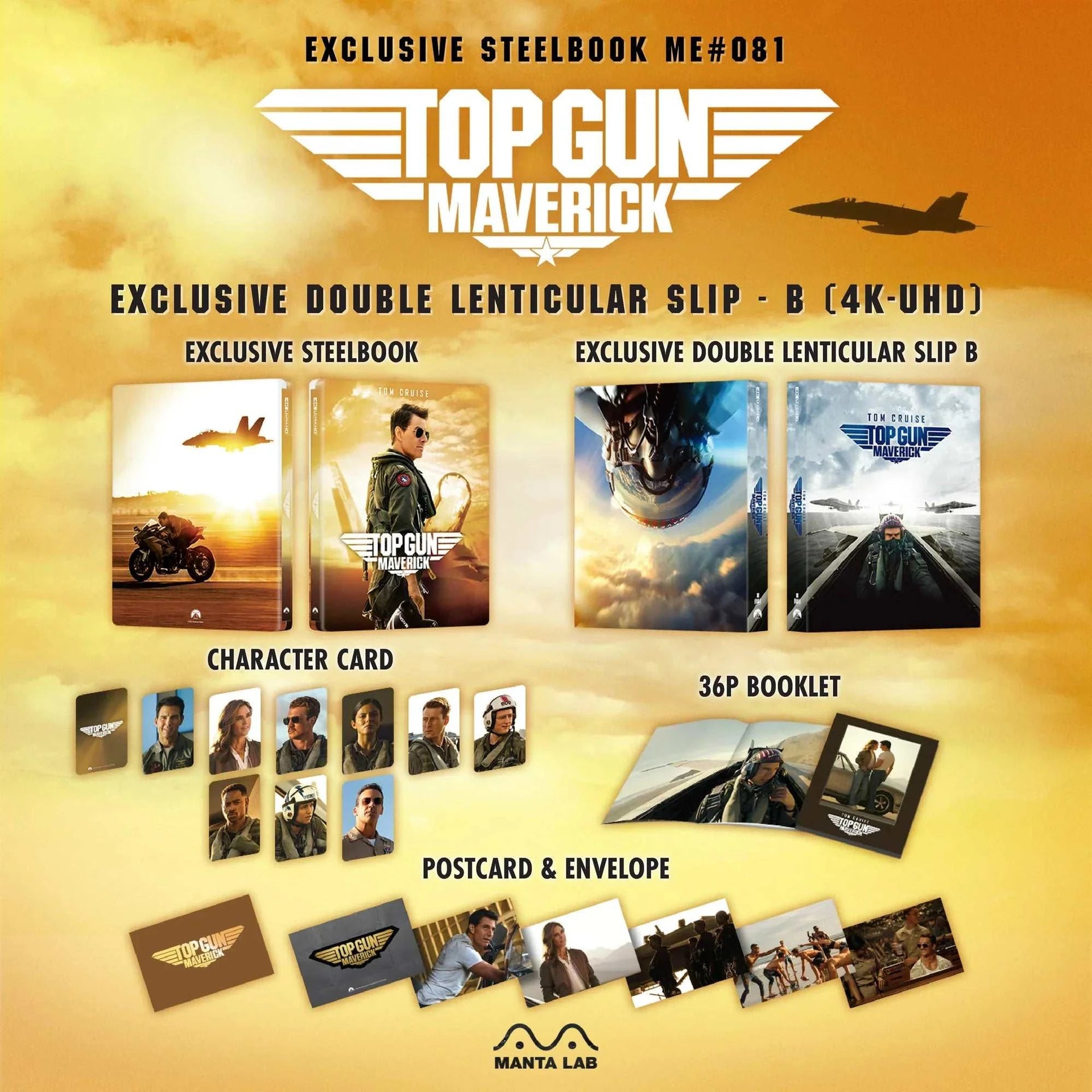 Top Gun: Maverick exclusive 4K UHD and Blu-Ray steelbook set with lenticular slip, booklet, postcards, and character cards.