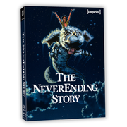The NeverEnding Story 40th Anniversary Limited Edition 5-disc 4K UHD and Blu-ray set with exclusive replica storybook packaging featuring fantasy artwork of a child riding a flying dragon-like creature against a starry night sky.