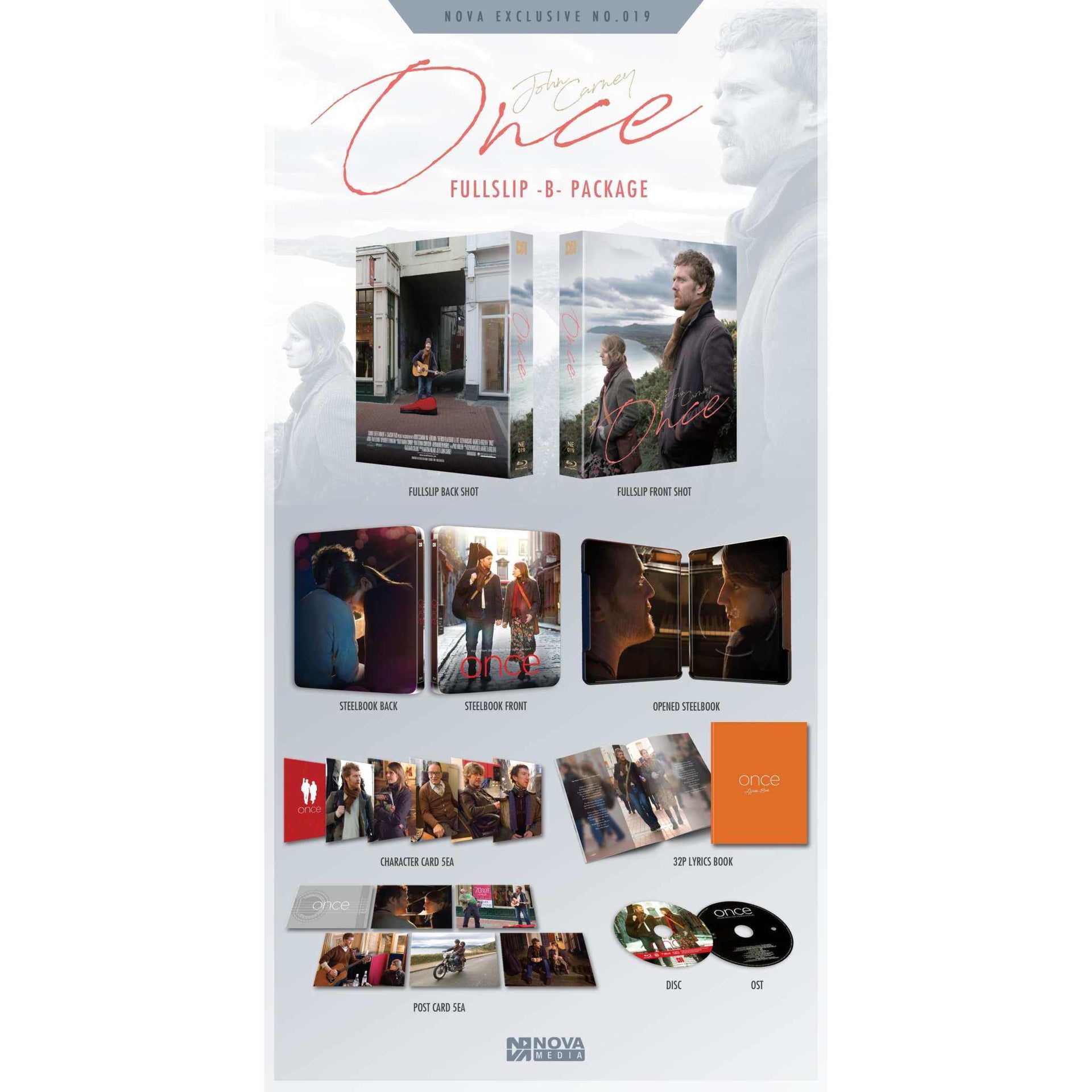 Once Limited Edition Steelbook Blu-Ray and CD Full Slip-B package with cover art, character cards, postcards, a 32-page lyric book, and disc featuring the musical drama film Once.