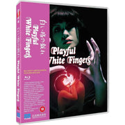 Playful White Fingers Blu-Ray cover featuring a woman holding glowing hands with a red-tinted couple inside, Region B edition with booklet.