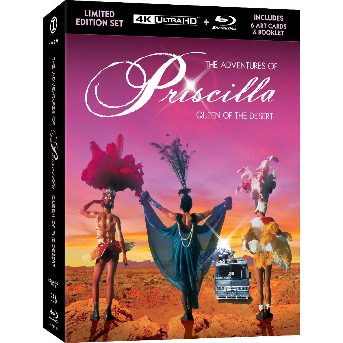 The Adventures of Priscilla Queen of the Desert 30th Anniversary Limited Edition 4K UHD and 2-Blu-Ray set with exclusive 3D lenticular hardbox and art cards.