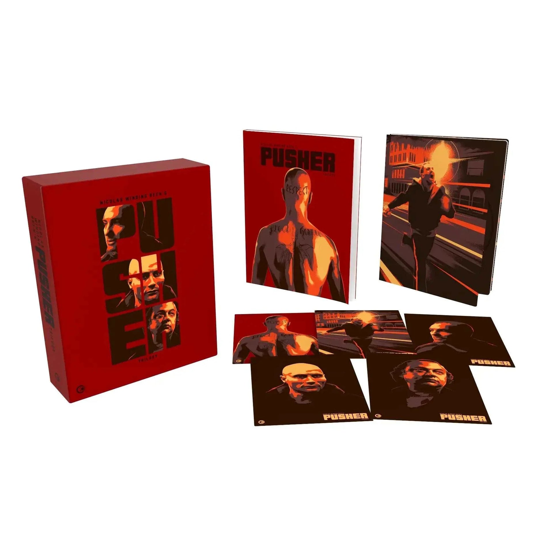 The Pusher Trilogy limited edition 4K Ultra HD box set with rigid slipcase, art cards, and book featuring new artwork and essays