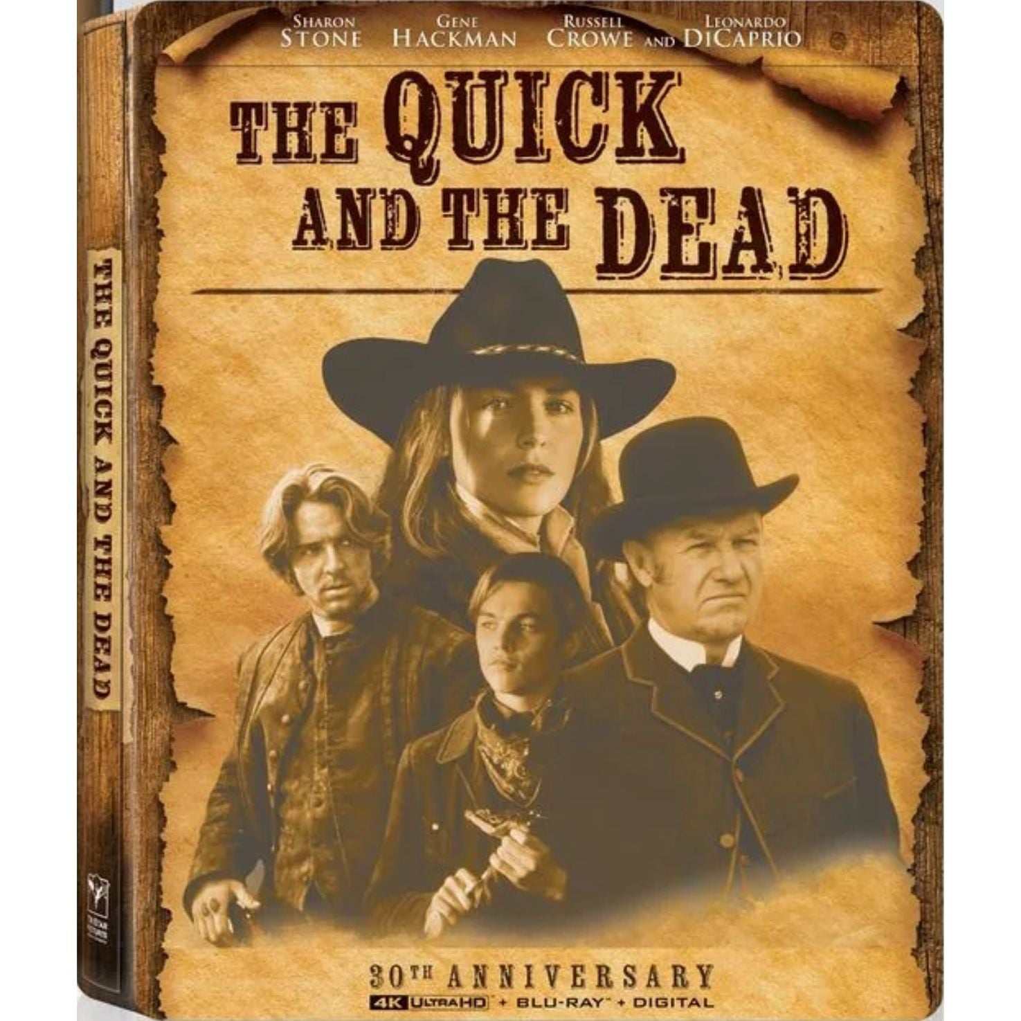 The Quick and the Dead 30th Anniversary 4K UHD and Blu-ray Steelbook cover with main cast in western attire