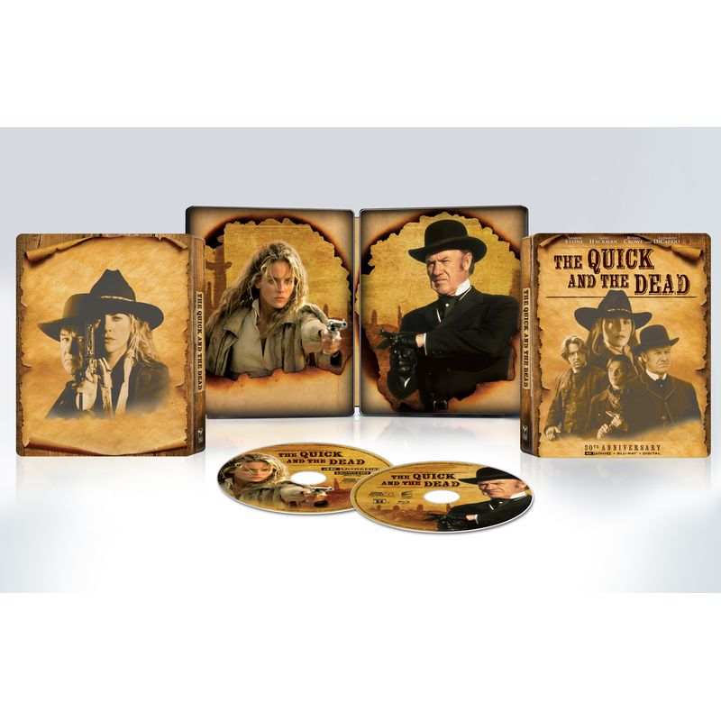 The Quick and the Dead 30th Anniversary 4K UHD and Blu-ray steelbook set with western-themed cover art and discs.
