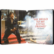 Inside view of Scarface 1983 limited edition UK steelbook showing Tony Montana with a gun and the quote "Say hello to my little friend"