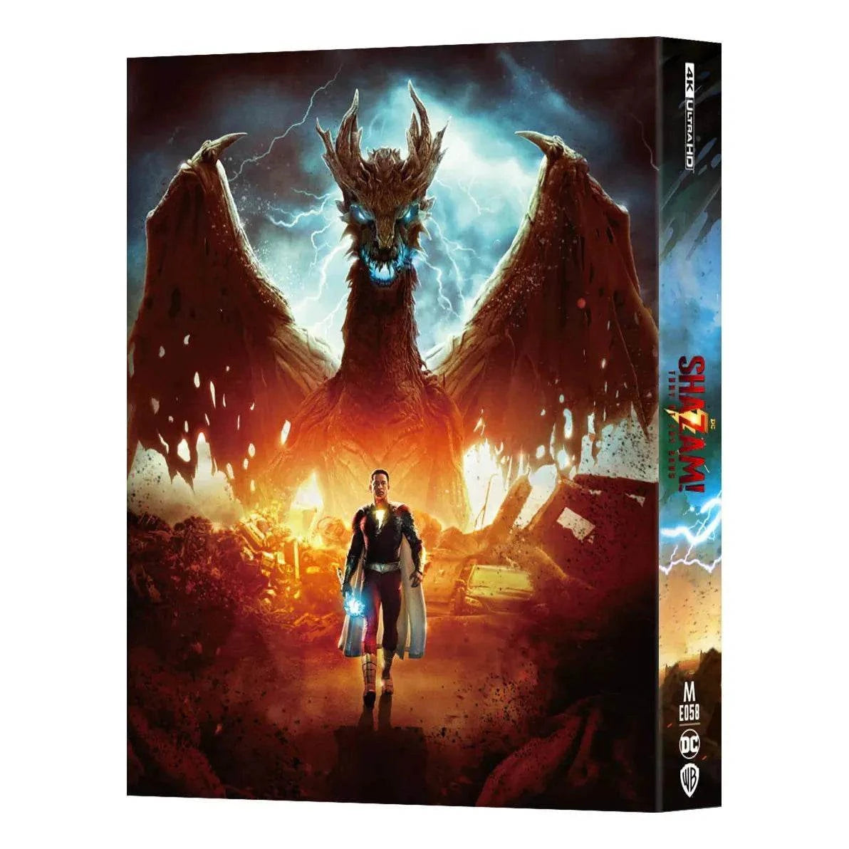 Shazam! Fury of Gods 4K UHD and Blu-Ray steelbook featuring superhero with dragon background and premium collectible design