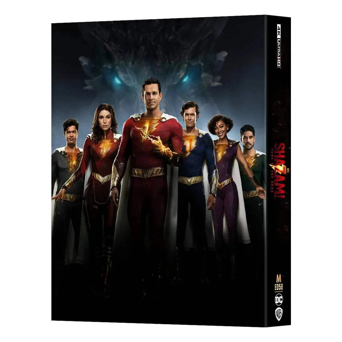 Shazam! Fury of Gods 4K UHD and Blu-Ray steelbook featuring superhero characters on glossy debossed cover