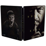 PRE-ORDER: Speak No Evil 2024 Limited Edition UK Steelbook 4K Ultra HD and Blu-Ray with horror thriller cover featuring a terrified boy and a man shushing.