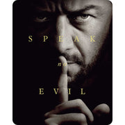 PRE-ORDER: Speak No Evil 2024 Limited Edition UK Steelbook 4K Ultra HD Blu-Ray cover featuring a man with finger to lips in a dark, suspenseful design