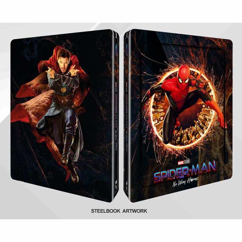 Spider-Man No Way Home 4K UHD and Blu-Ray steelbook with lenticular full slip featuring Spider-Man and Doctor Strange artwork
