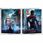 Spider-Man: No Way Home limited edition 4K UHD and Blu-Ray steelbook with exclusive slipcovers showing Spider-Man overlooking a cityscape at night
