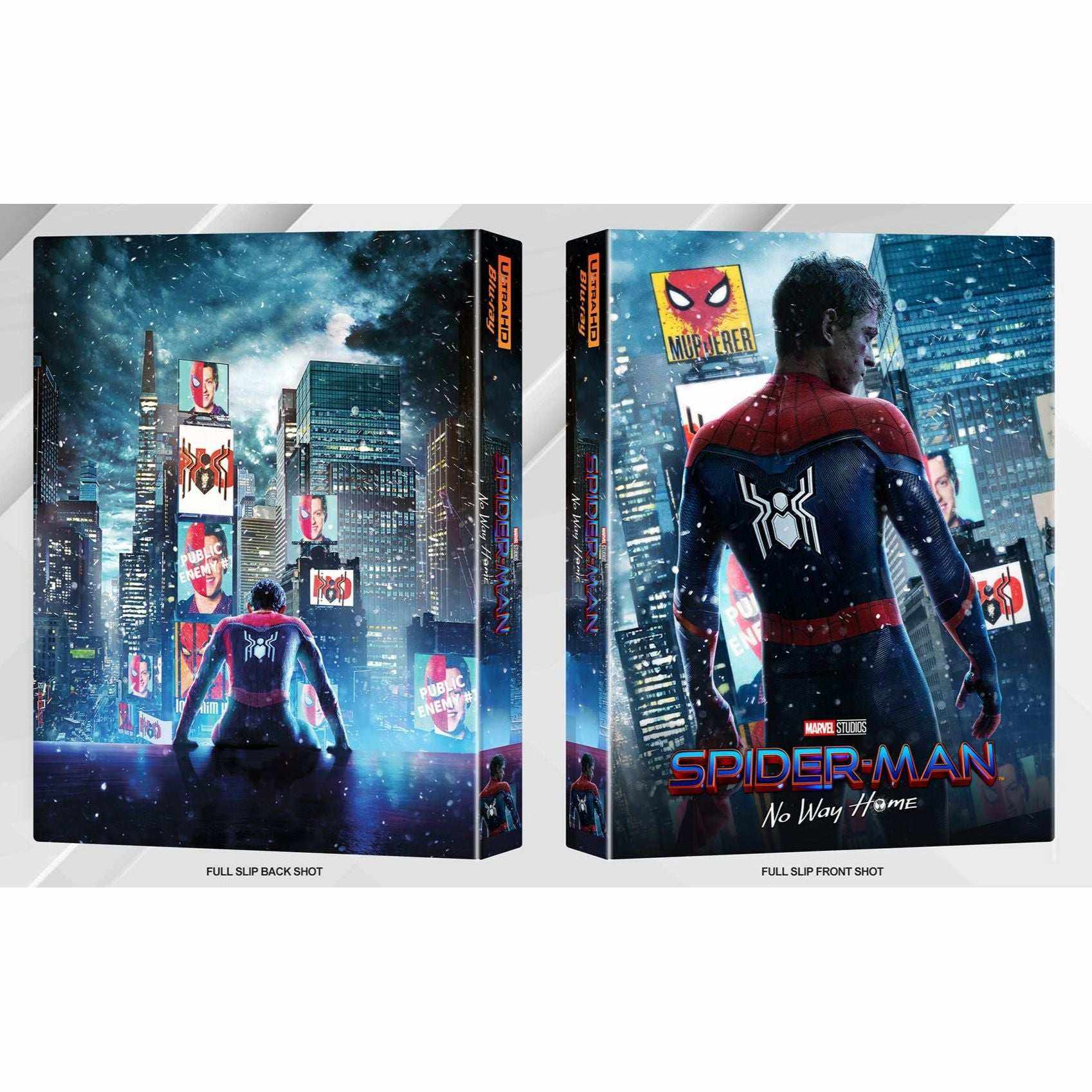 Spider-Man: No Way Home limited edition 4K UHD and Blu-Ray steelbook with exclusive slipcovers showing Spider-Man overlooking a cityscape at night