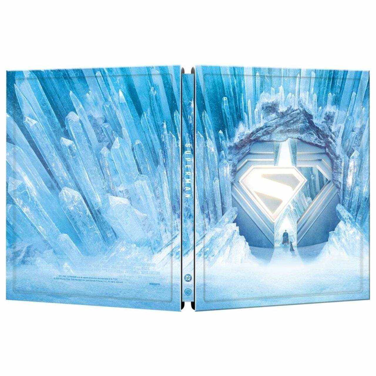 Superman 2025 Limited Edition UK Steelbook 4K Ultra HD and Blu-Ray with iconic ice fortress design and glowing Superman emblem