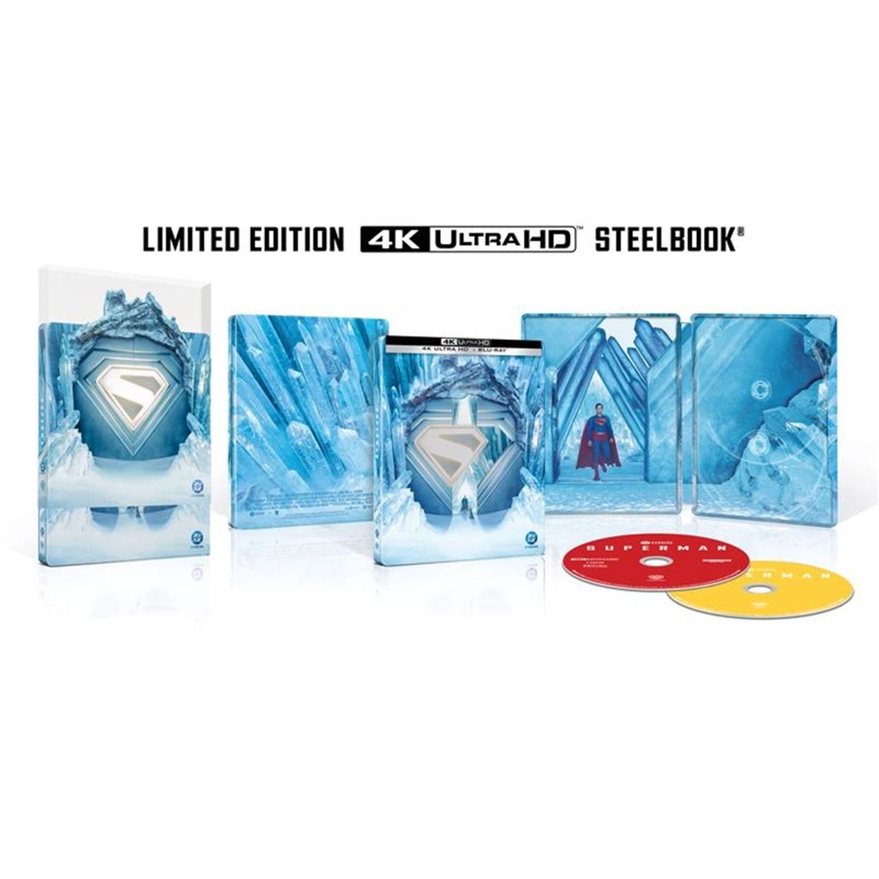 Superman 2025 Limited Edition Steelbook 4K Ultra HD and Blu-Ray set with icy blue cover design