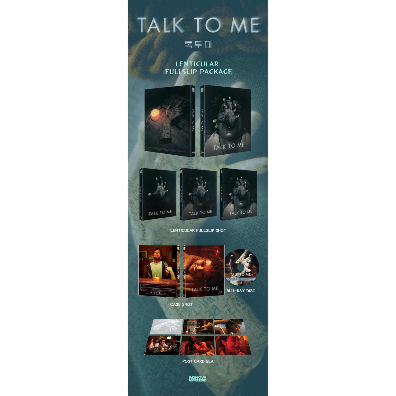 Talk to Me Blu-Ray numbered limited edition lenticular full slip package with horror thriller cover art, Blu-Ray disc, and collectible postcards.