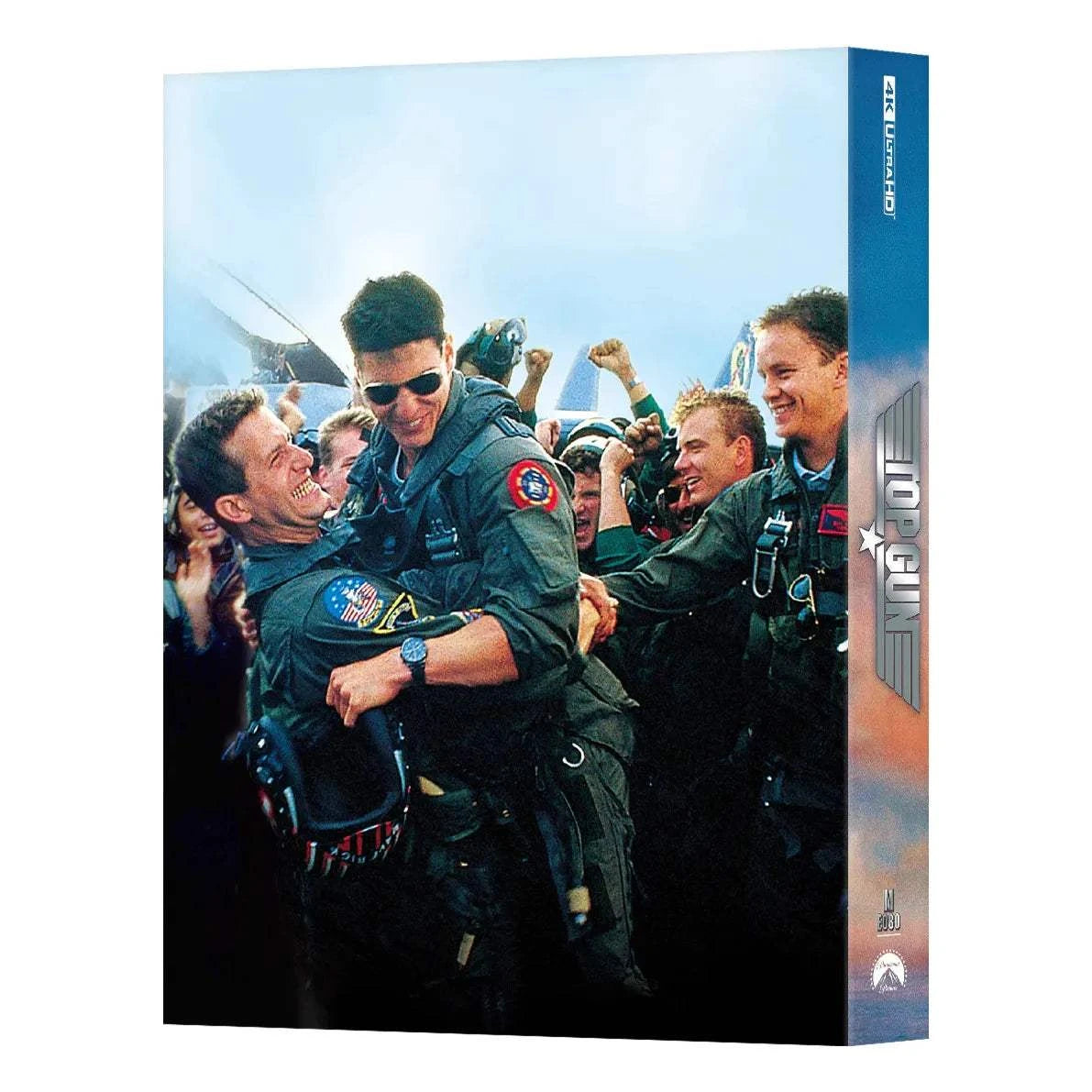 Top Gun 4K UHD and Blu-Ray steelbook edition featuring Maverick and pilots celebrating, premium packaging with exclusive design and special features.