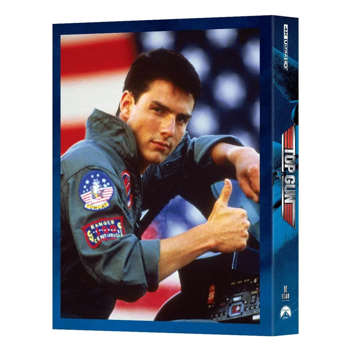 Top Gun 4K UHD Steelbook featuring Maverick giving thumbs up with US flag background, exclusive numbered edition with premium extras