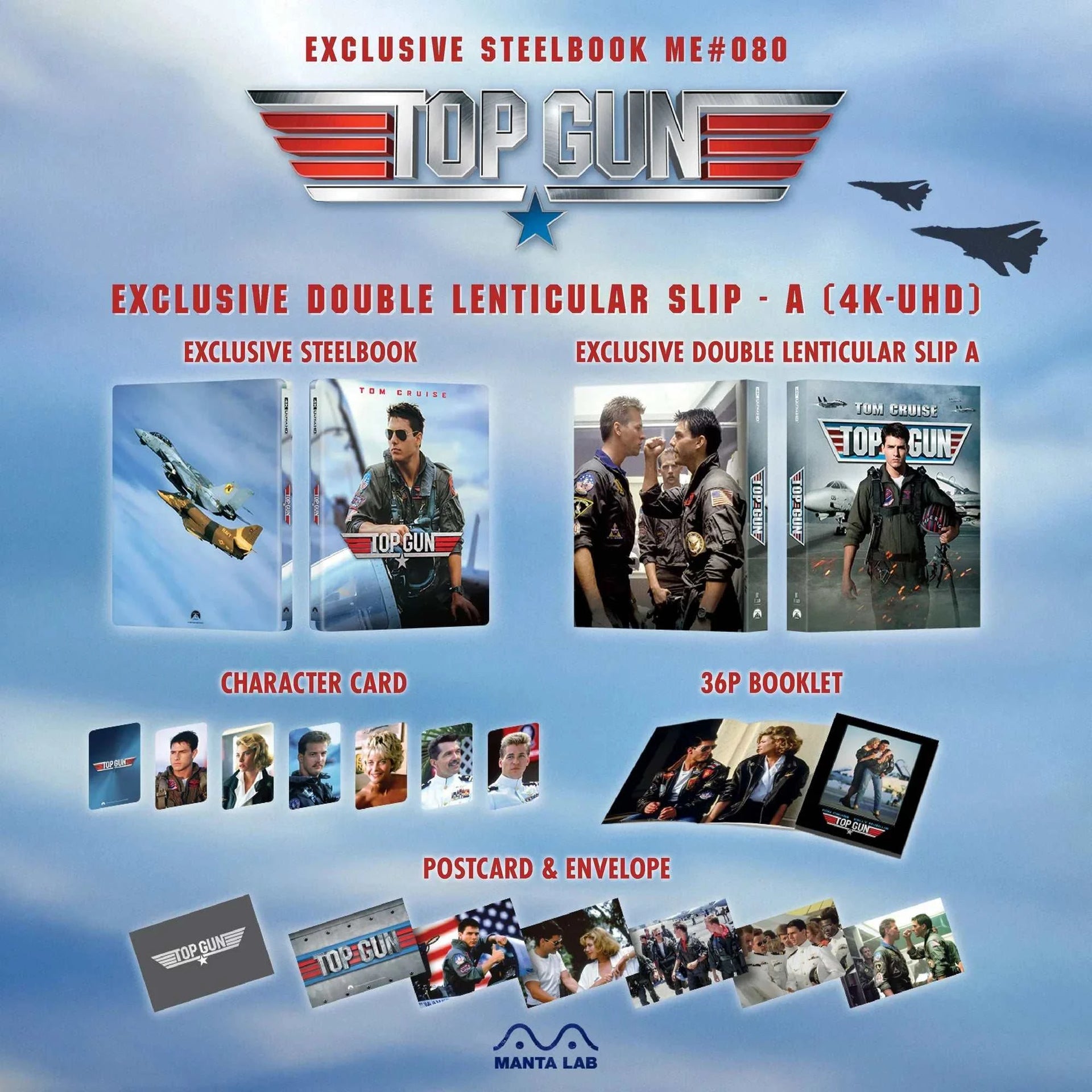 Top Gun 4K UHD and Blu-Ray exclusive steelbook edition with double lenticular full slip, character cards, 36-page booklet, postcards, and envelope pack by Manta Lab.