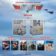 Top Gun 4K UHD exclusive steelbook with one-click box, full slip, and double lenticular slips featuring Maverick and naval fighter jet images