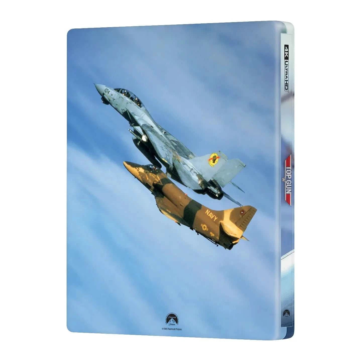Top Gun 4K UHD and Blu-Ray steelbook featuring two fighter jets flying against a blue sky background