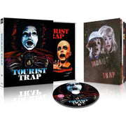 Tourist Trap Limited Edition Blu-Ray with slipcover and booklet featuring eerie mannequin horror artwork and dark thematic design