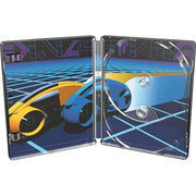 Tron 4K UHD limited edition steelbook open showing interior artwork with futuristic light cycle design
