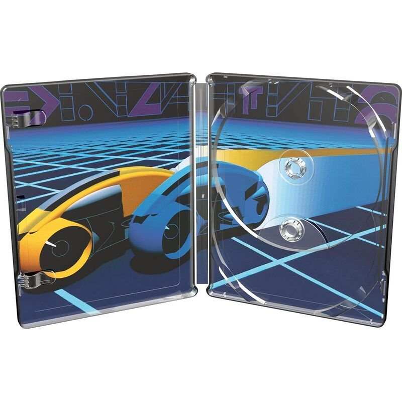 Tron 4K UHD limited edition steelbook open showing interior artwork with futuristic light cycle design