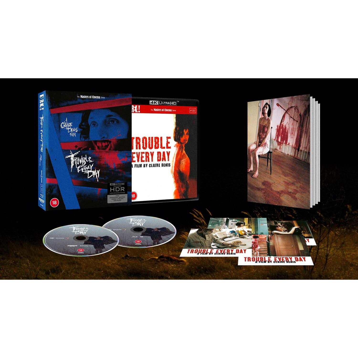 Limited edition Trouble Every Day 4K Ultra HD and Blu-Ray set with slipcase, collector's book, lobby cards, and restored French horror film by Claire Denis.