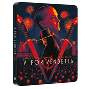 V For Vendetta limited edition 4K Ultra HD and Blu-Ray steelbook featuring stylized cover art with Natalie Portman and Guy Fawkes mask design.