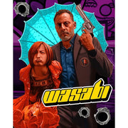 Illustrated cover of Wasabi (2001) Blu-ray featuring a man with a gun and a woman against a purple background with bullet holes