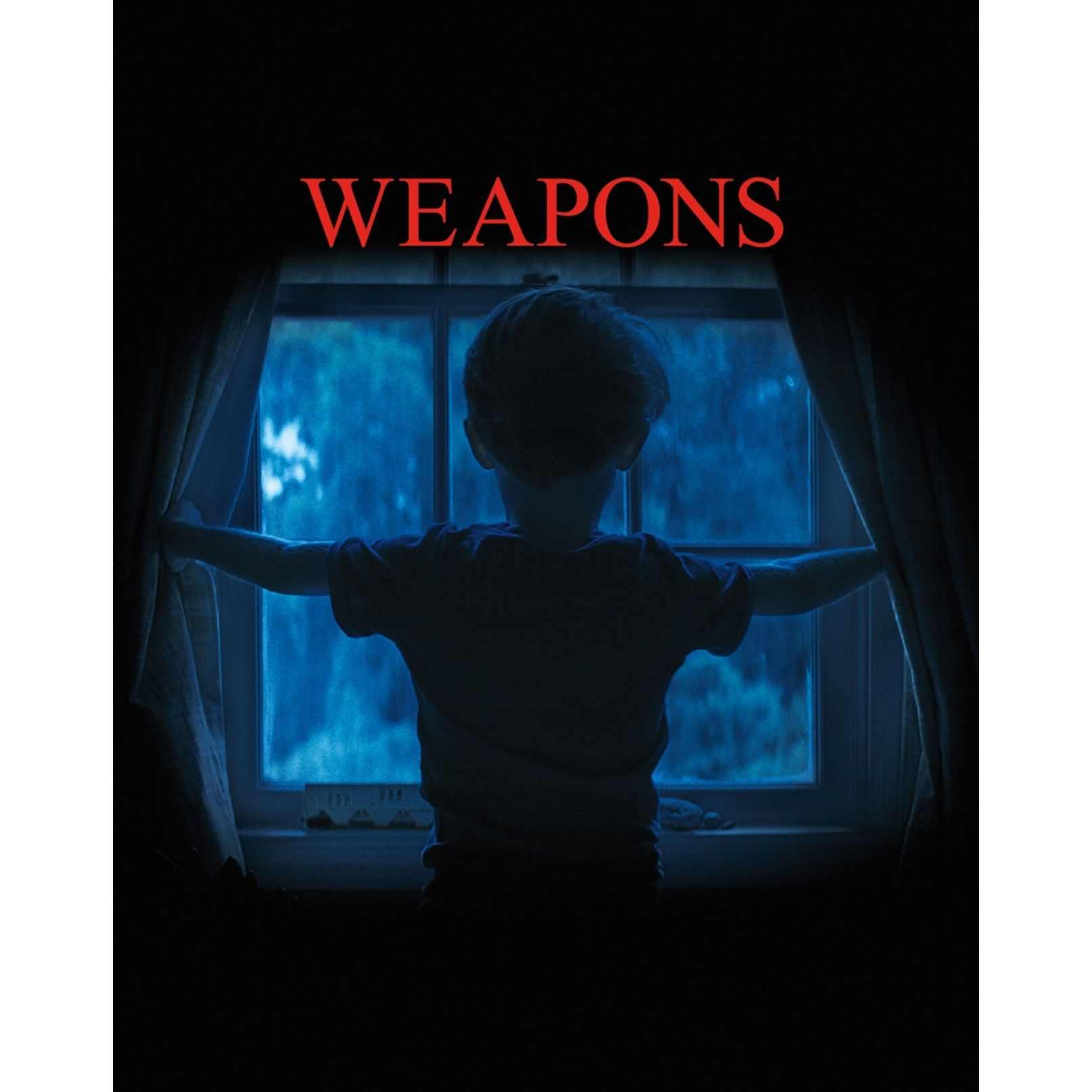 Weapons UK Limited Edition steelbook 4K UHD Blu-Ray cover showing child silhouetted at window with red title