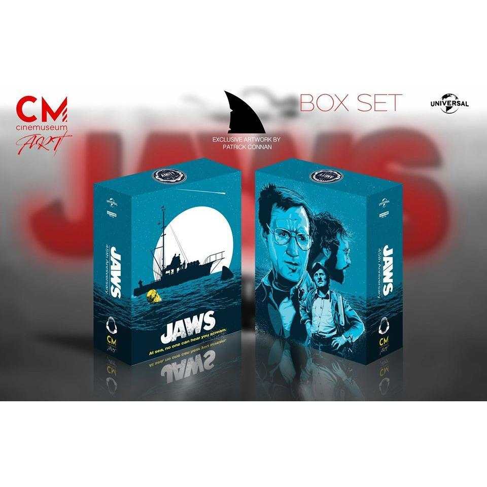 Jaws 4K UHD and Blu-Ray box set with lenticular full slip steelbook, variant amaray case, photo-booklet, postcards, and tooth replica gift