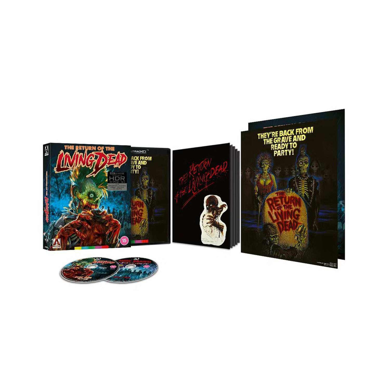 The Return Of The Living Dead limited edition 4K Ultra HD and Blu-Ray set with rigid slipcase, collector's booklet, fold-out poster, and bonus content displayed