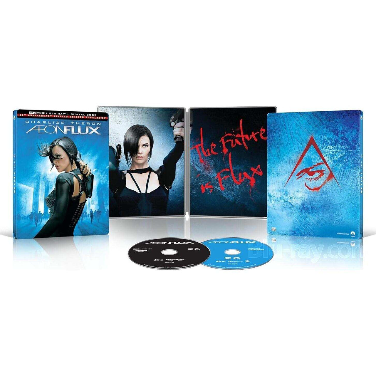 PRE-ORDER Aeon Flux 25th Anniversary Limited Edition Steelbook with 4K UHD and Blu-Ray discs featuring Charlize Theron sci-fi thriller artwork