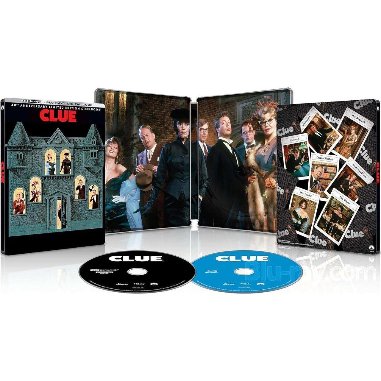 Clue 40th Anniversary Limited Edition Steelbook with 4K UHD and Blu-Ray discs featuring characters and collectible cards from the movie.