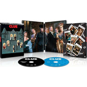 Clue 40th Anniversary Limited Edition Steelbook with 4K UHD and Blu-Ray discs featuring characters and collectible cards from the movie.