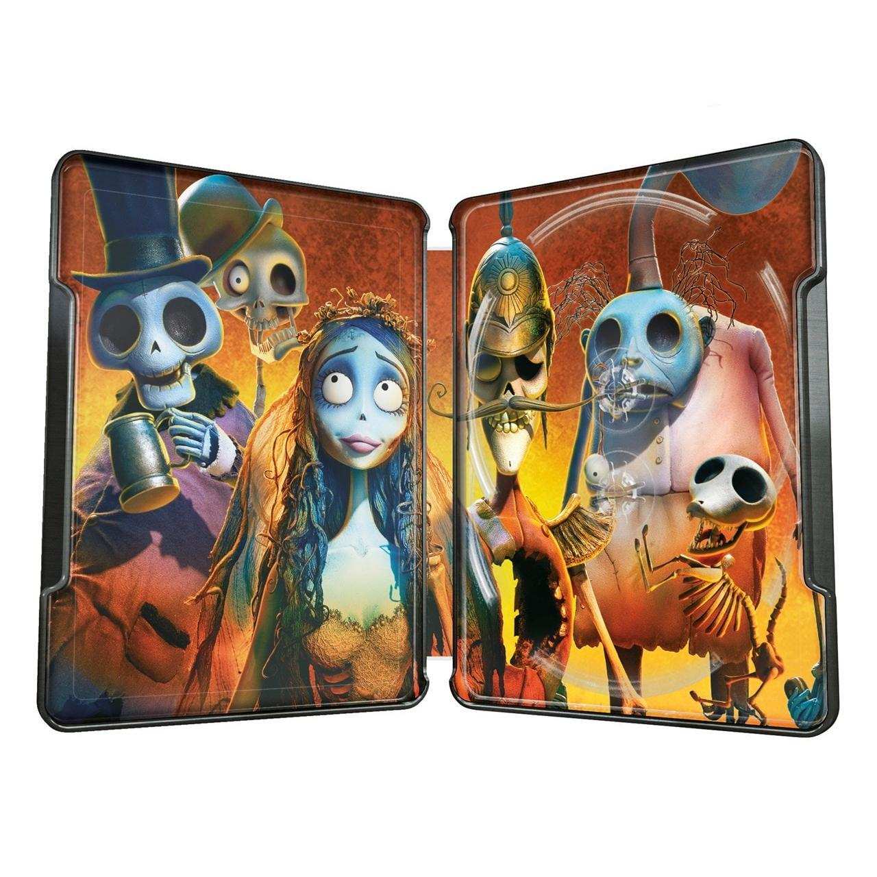 Steelbook case artwork of Corpse Bride 2005 UK Collector's Edition showing animated skeletal characters inside the rigid slipcase.