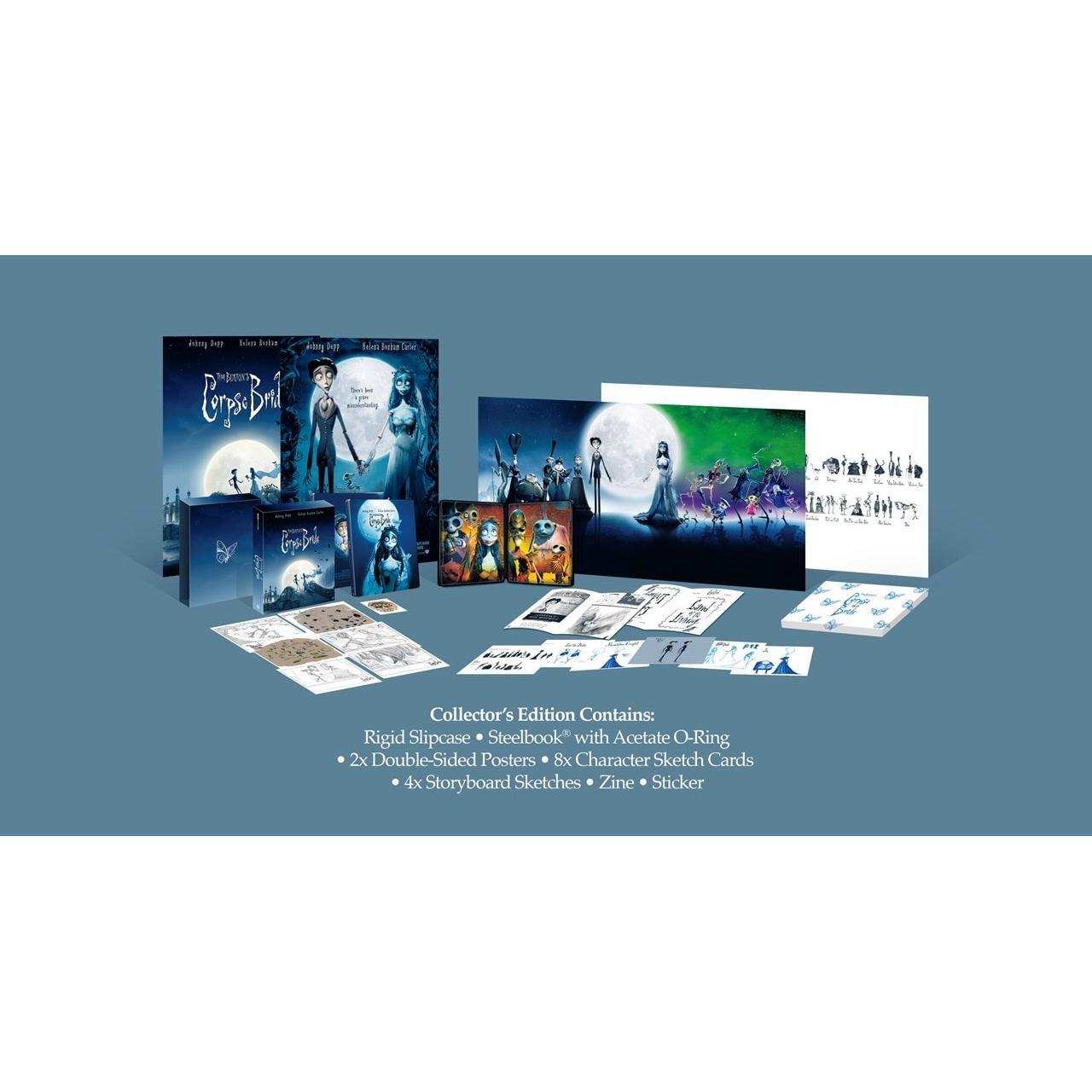 Corpse Bride 2005 Collector's Edition steelbook 4K Ultra HD and Blu-Ray set with rigid slipcase, posters, art cards, storyboard sketches, zine, and stickers