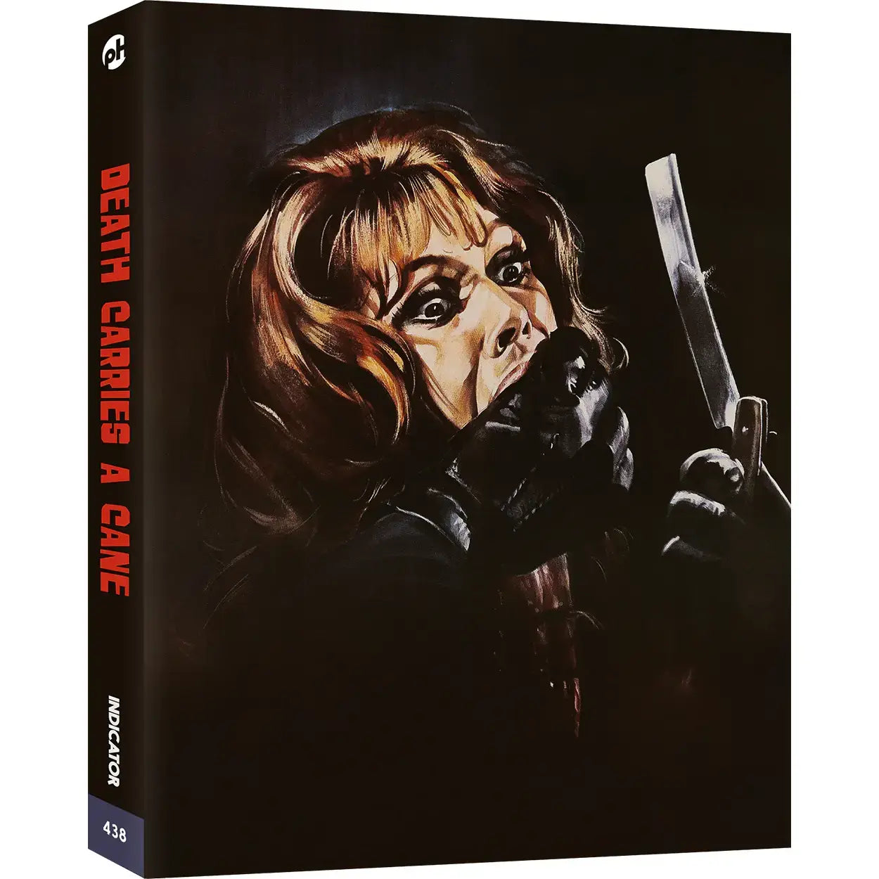 Death Carries a Cane Limited Edition 4K Ultra HD box cover with intense illustration of woman and a blade.