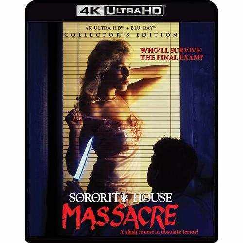 4K UHD Collector's Edition of "Sorority House Massacre" with slipcover featuring a slasher movie scene.
