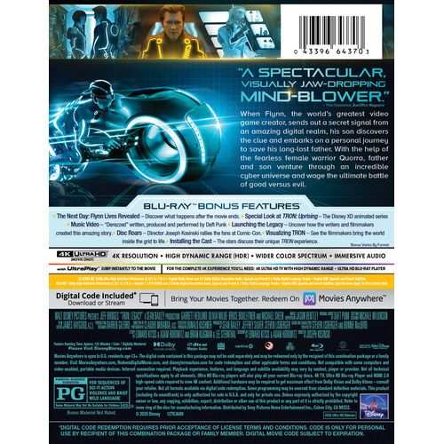 Tron: Legacy 4K UHD and Blu-Ray limited edition steelbook cover with bonus features and digital code information