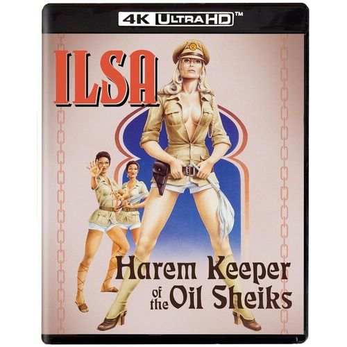 Ilsa: Harem Keeper of the Oil Sheiks 4K UHD and Blu-ray cover featuring a woman in military attire and two female assassins in the background