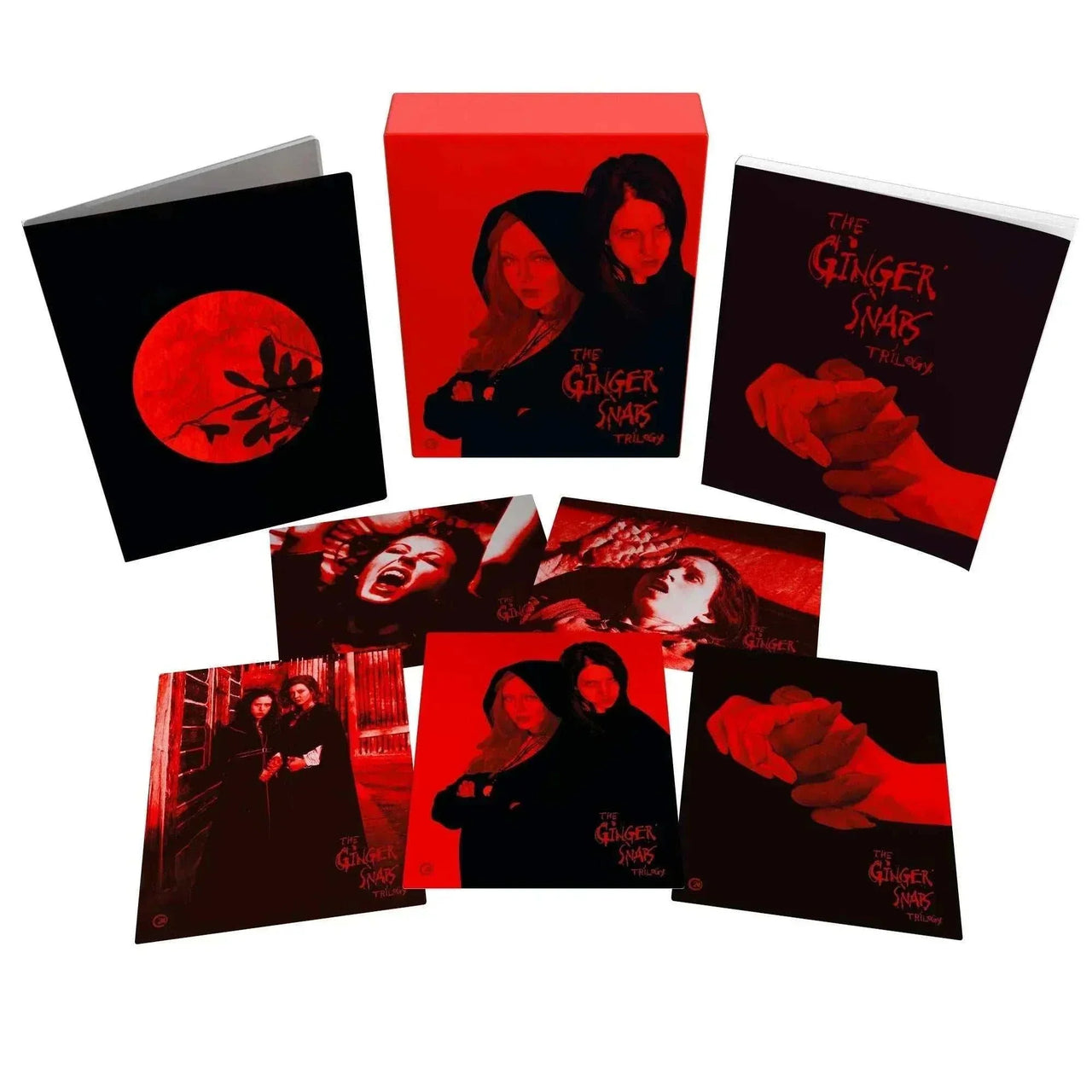 Limited edition Ginger Snaps Trilogy Blu-Ray set with rigid slipcase, art book, and collector's cards in red and black design