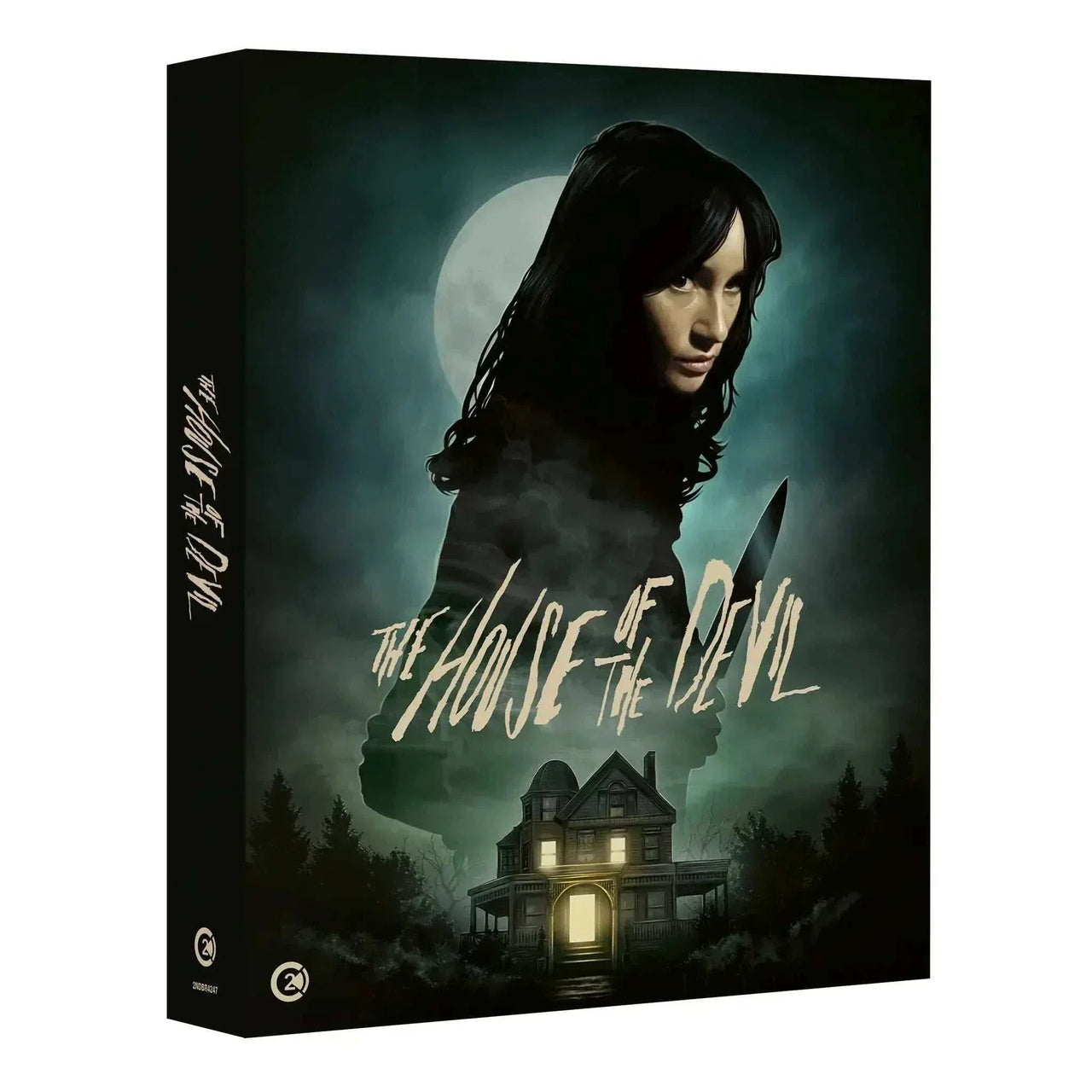 The House of the Devil Limited Edition Blu-Ray with rigid slipcase and extras featuring horror movie cover art with woman holding knife and eerie house under full moon.
