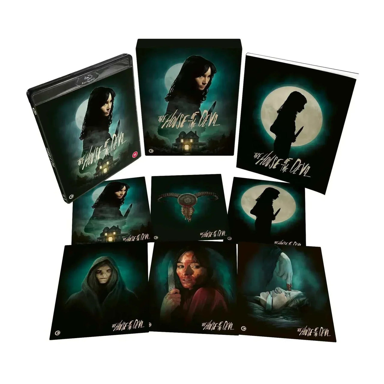 The House Of The Devil limited edition Blu-Ray set with rigid slipcase, 70-page book, and six collector art cards displaying horror-themed artwork